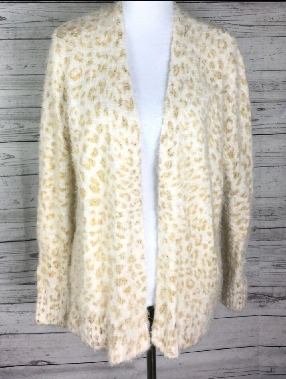 Cozy Open-Front Cream & Gold Leopard Print Women's Sweater XL